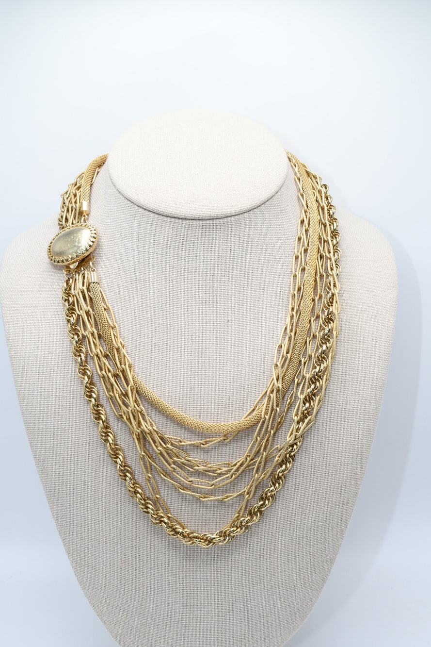 Mid Century Gold Tone 8 Strand Multi Chain Necklace 18” Layered Statement